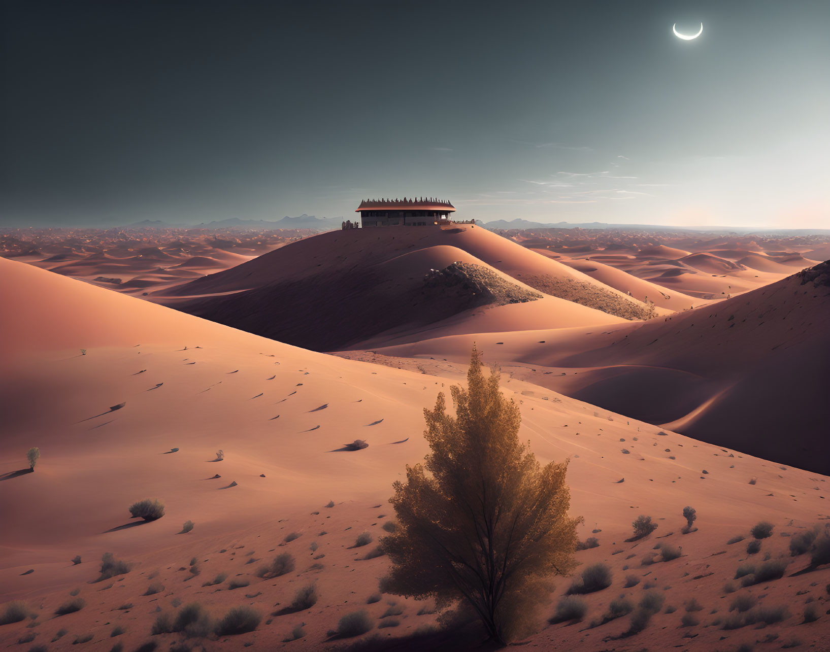 Desert landscape with sand dunes, lone tree, and distant fortress at night