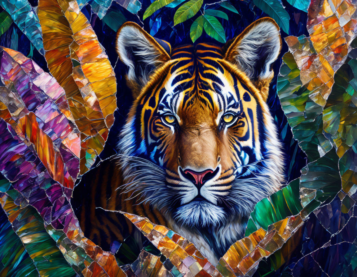 Multicolored mosaic artwork of a realistic tiger's face amid abstract patterns