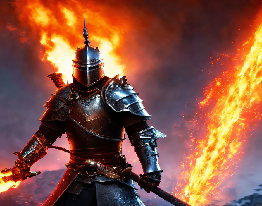 Armored knight with sword in fiery backdrop symbolizes epic fantasy.