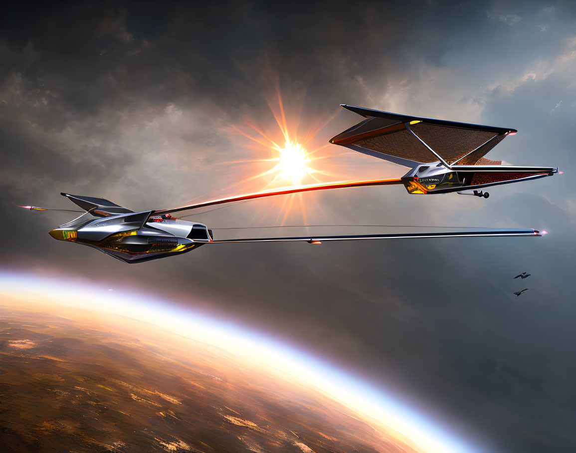 Futuristic spacecraft with solar panels above Earth's atmosphere