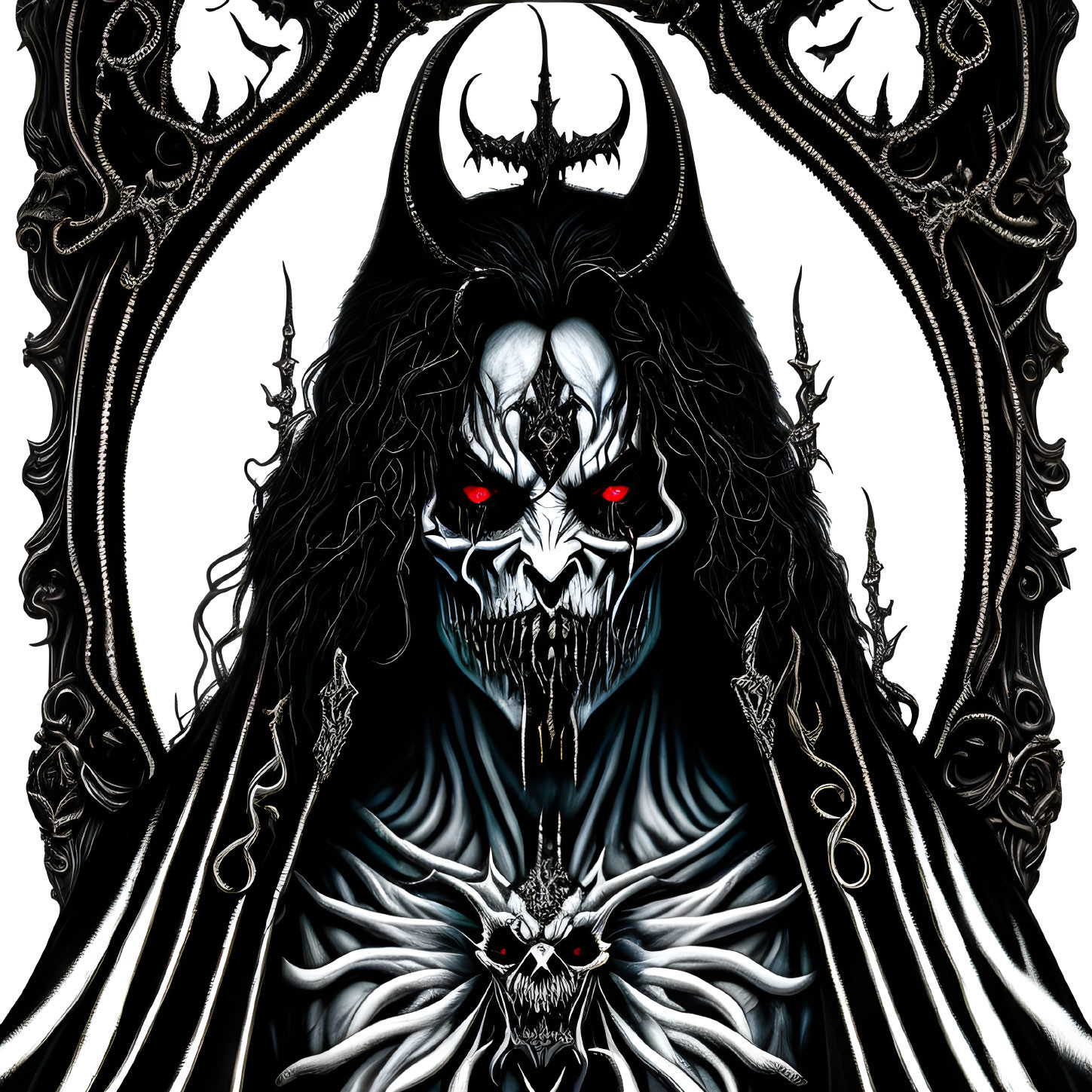 Gothic horror illustration: Sinister figure with skull face, red eyes, black cloak, and