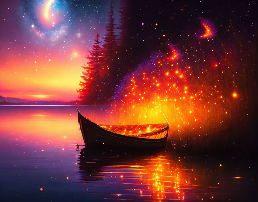 Tranquil lakeside scene at dusk with cosmic reflection and fiery reeds