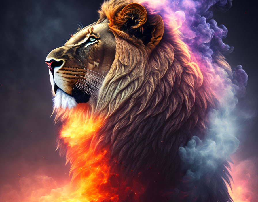 Majestic lion with fiery mane in mystical purple smoke