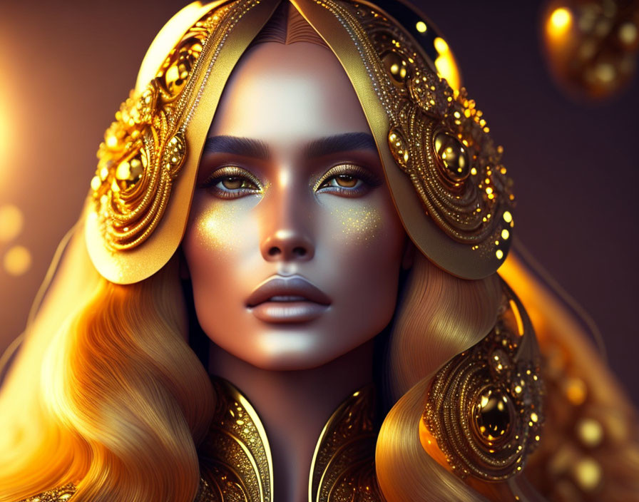 Intricate digital artwork of woman with golden headdress and jewelry