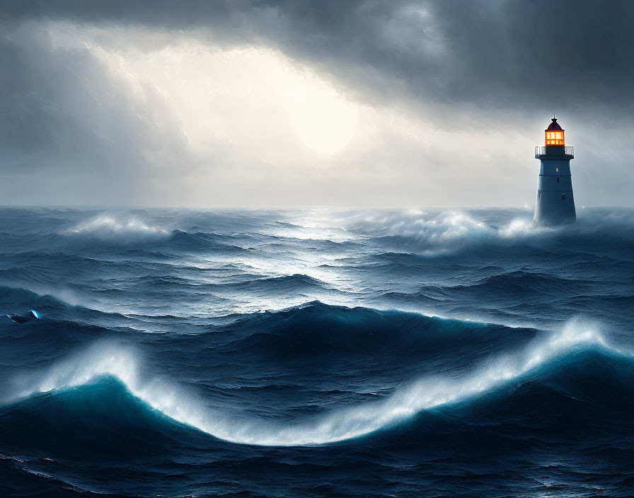 Lighthouse standing strong in stormy ocean with moody sky