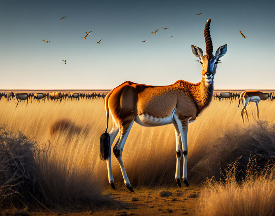 Golden savanna scene with gazelle, grass, and birds in clear sky