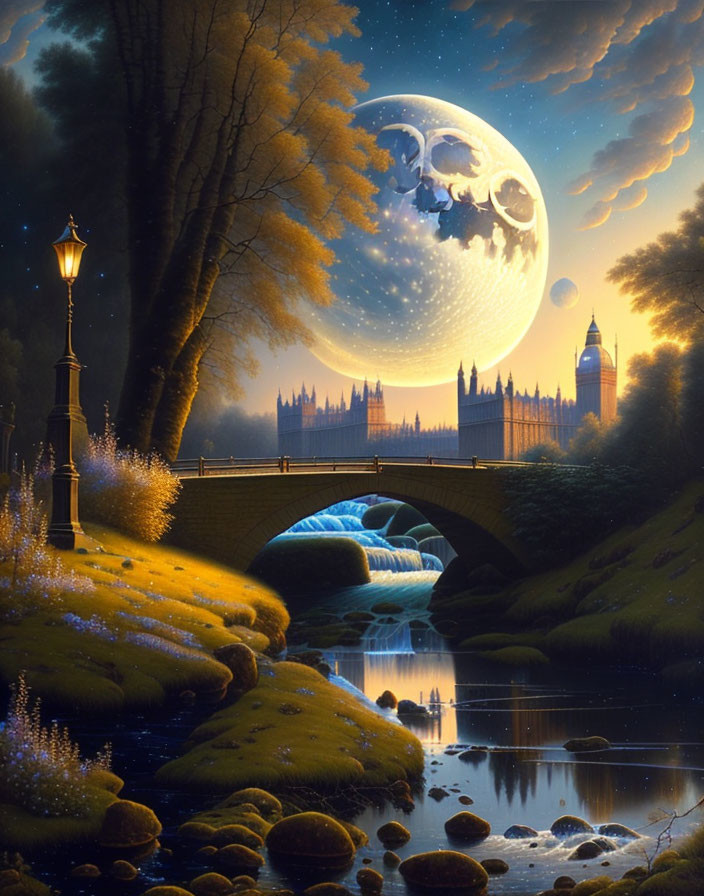 Fantasy night landscape with moon, streetlamp, bridge, and castle silhouette