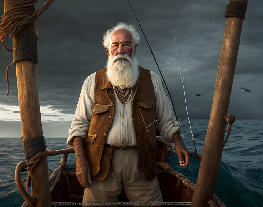 Elderly Bearded Sailor on Boat Amid Stormy Skies