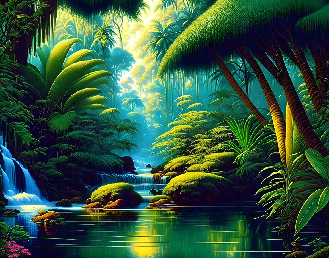 Lush Tropical Jungle Digital Art with Waterfall