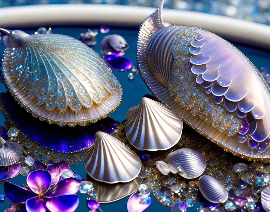 Seashells, Purple Flowers, Gems on Reflective Blue Surface