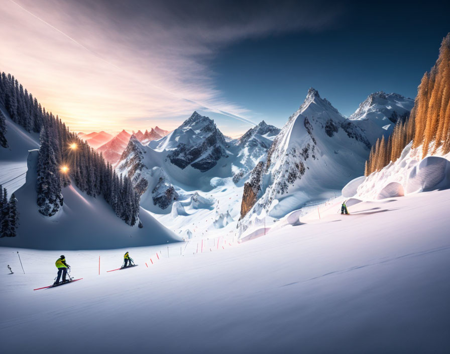 Skiers on Pristine Snowy Slope at Sunset