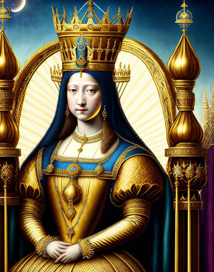 Classic Mona Lisa-inspired portrait in golden renaissance queen attire