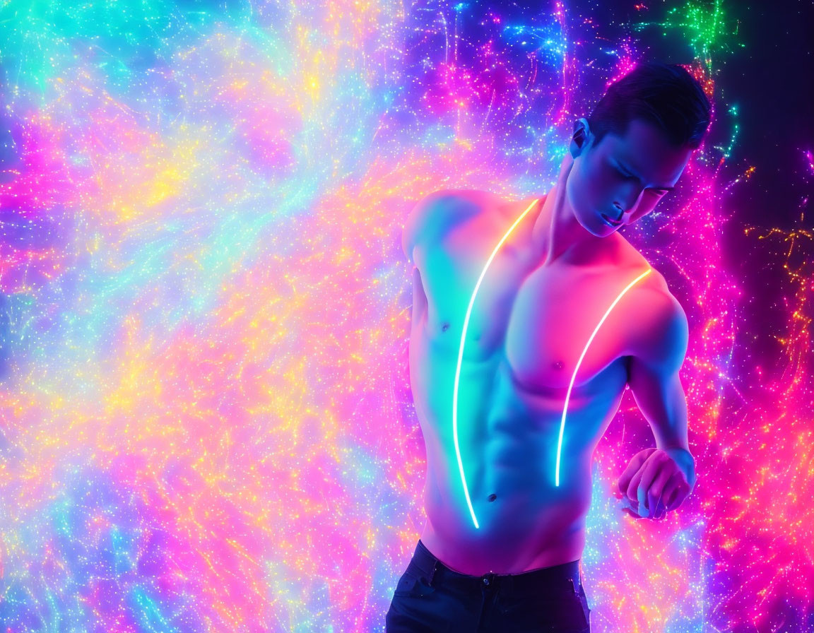 Shirtless Man with Neon Body Art in Cosmic Setting