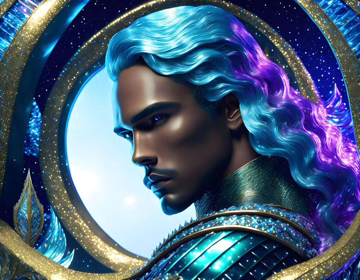 Illustrated male character with wavy blue hair in ornate bluish armor framed by golden oval