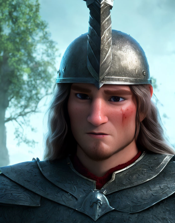 Detailed 3D animated knight with bruise and feathered helmet