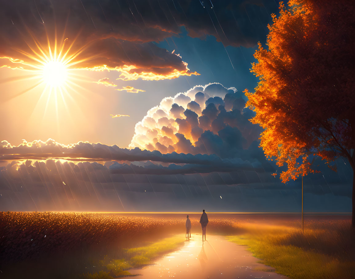 Two Figures Walking on Reflective Path in Vibrant Landscape