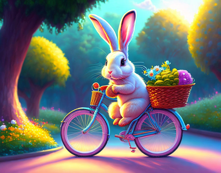 Colorful Rabbit Bicycle Ride Through Sunset Forest Path