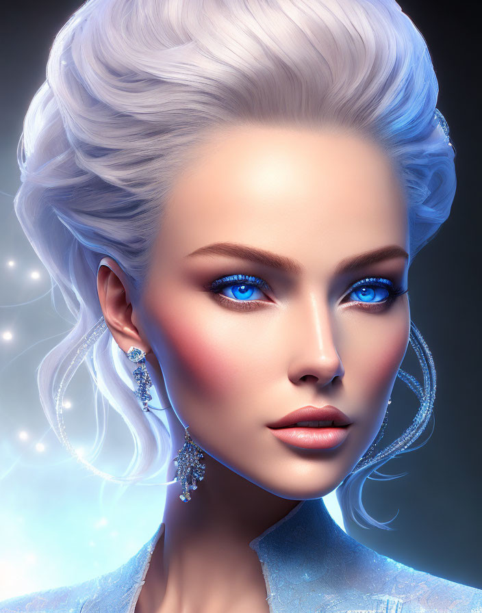 Digital artwork featuring woman with blue eyes, luminescent skin, white hair, sparkling earrings, and