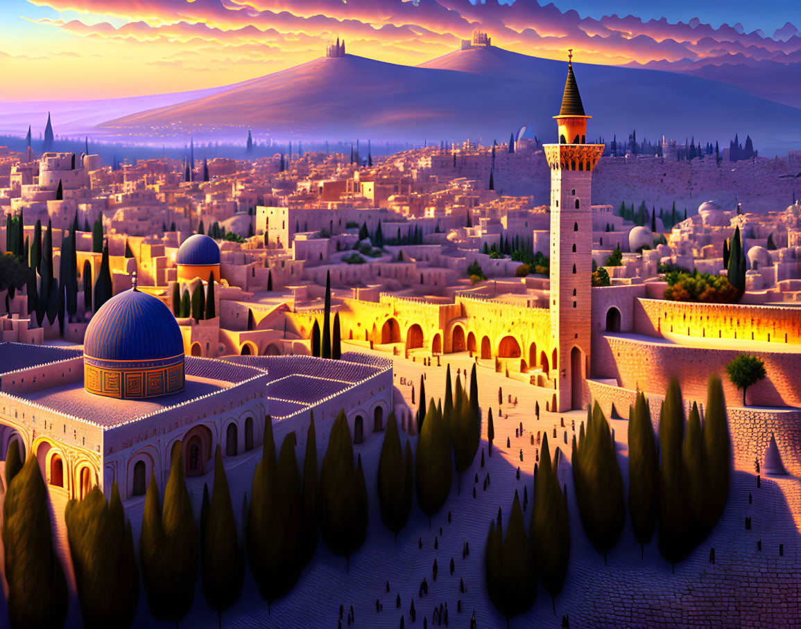 Vibrant ancient city scene at sunset with domes, tower, and cypress trees under purple