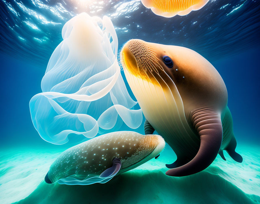 Seal observing jellyfish in sunlit water