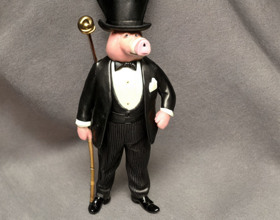 Formal Attire Pig Figurine with Top Hat and Cane on Grey Background