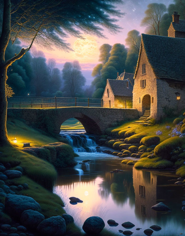 Stone cottage, stream, bridge, waterfalls at twilight.