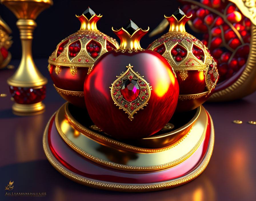 Red and Gold Jewel-Adorned Orbs on Dark Background