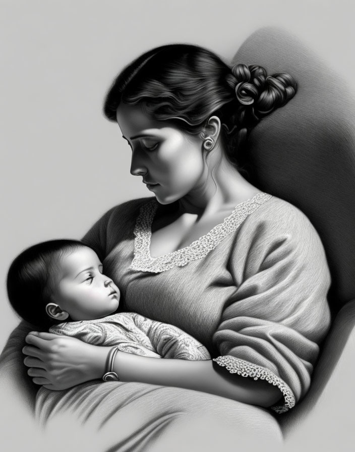 Monochrome illustration: Mother cradling sleeping baby