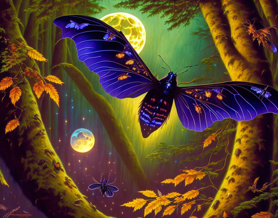 Detailed blue butterfly in enchanted forest under two moons