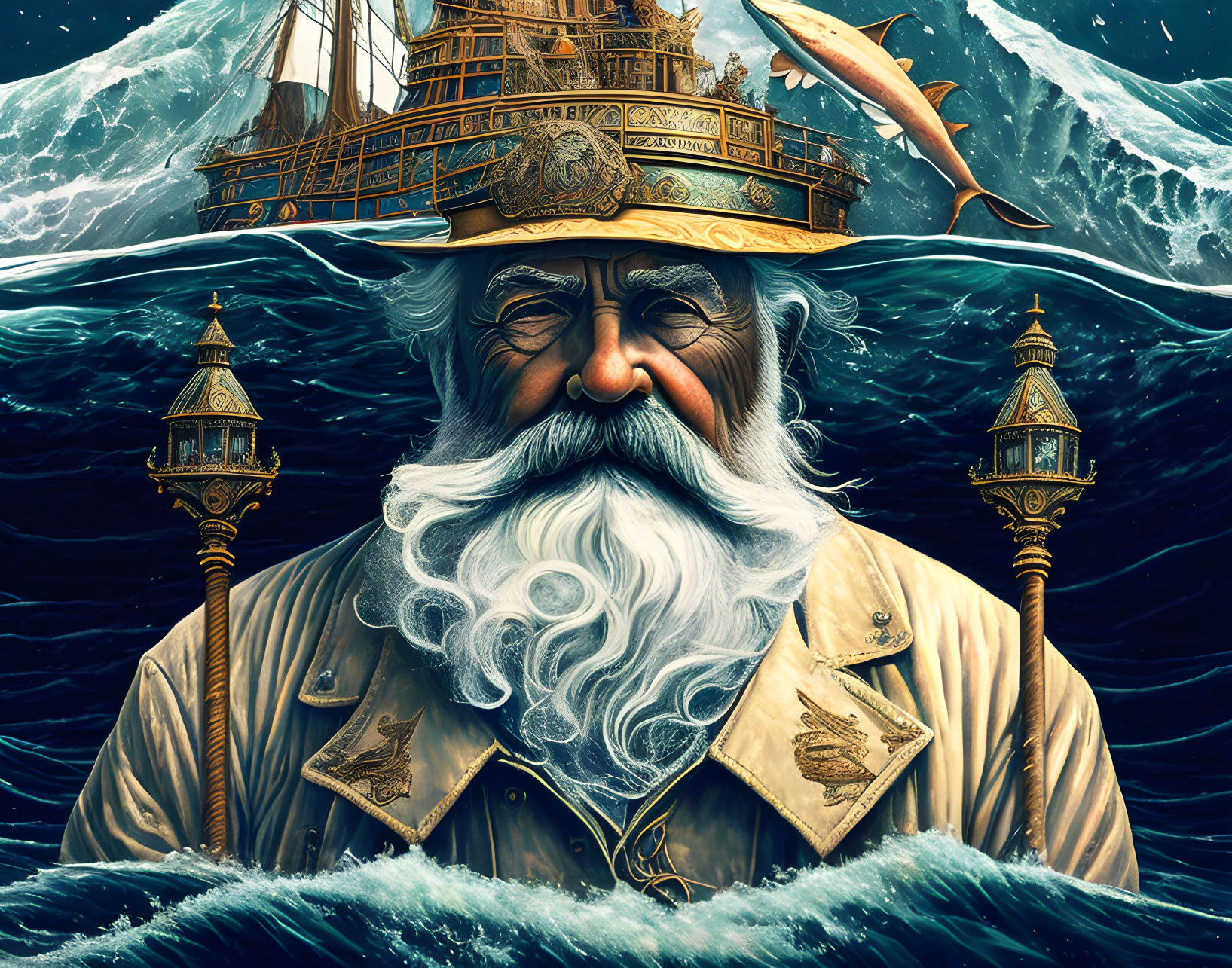 Illustration of sea captain with white beard, ship, marine life, and towering waves.