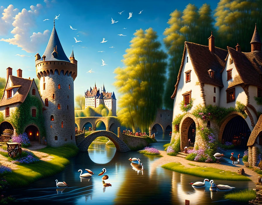 Stone castle by river with swans in fairytale setting