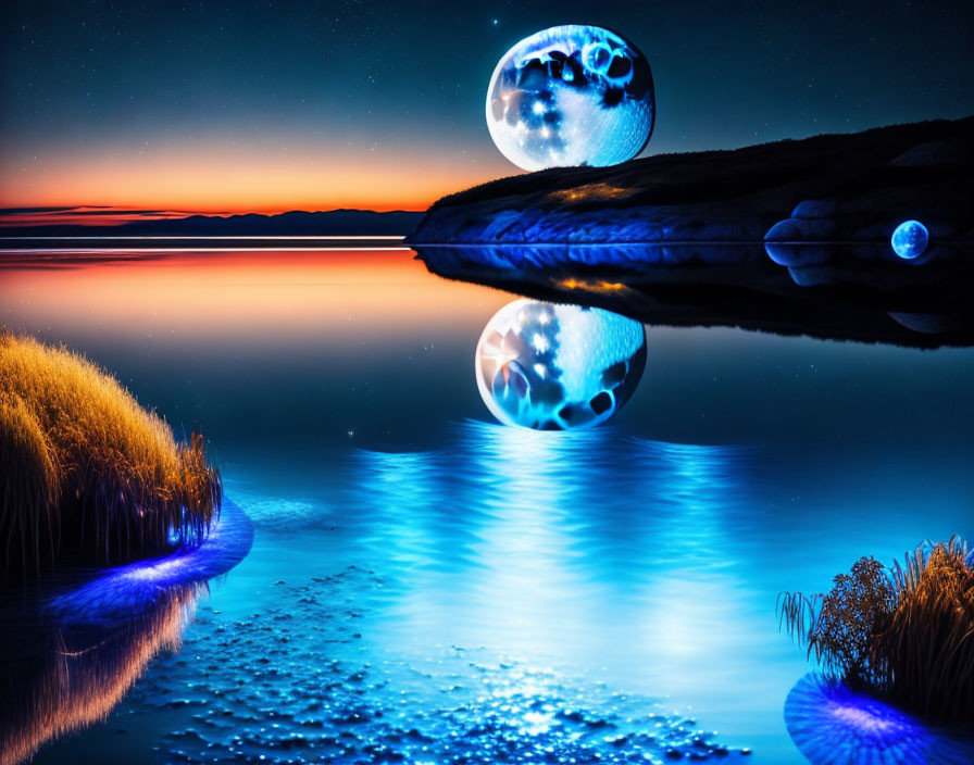 Tranquil nightscape with glowing spheres on reflective water