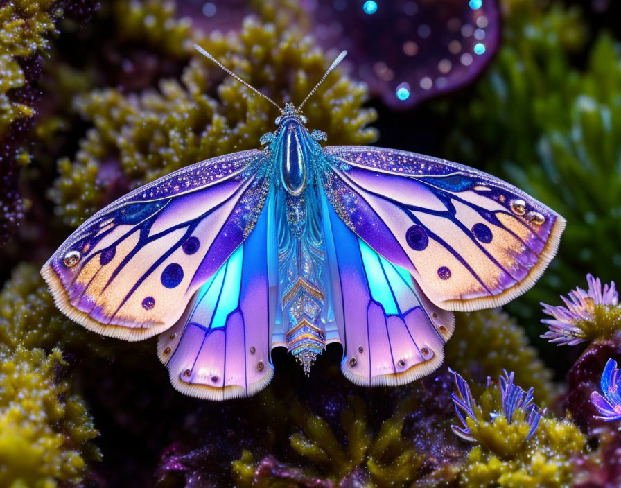 Colorful Butterfly with Blue and Purple Iridescent Wings on Greenery