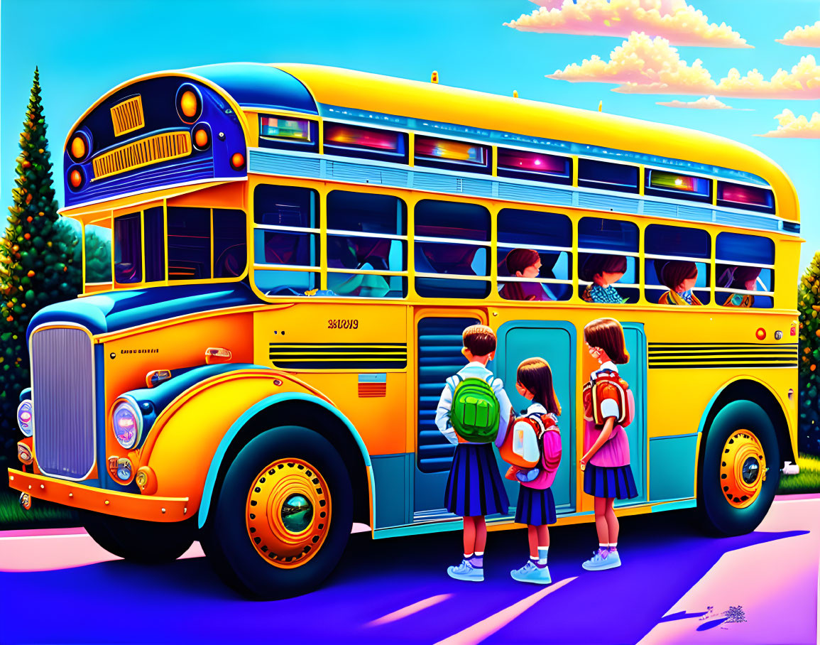 Colorful illustration of kids boarding school bus on sunny day