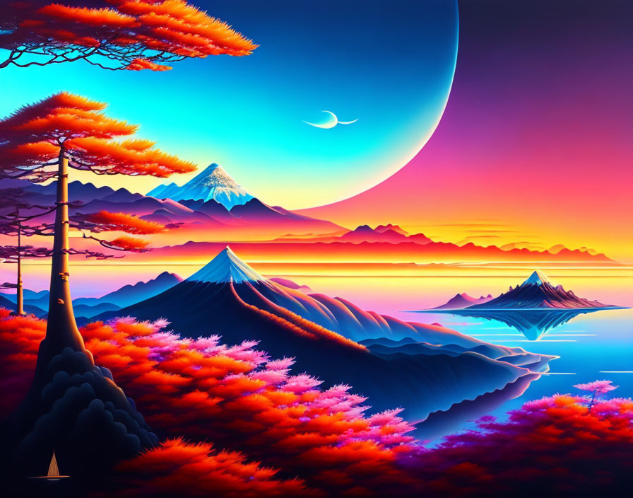 Surreal landscape digital art: mountains, orange trees, large moon, sunset sky