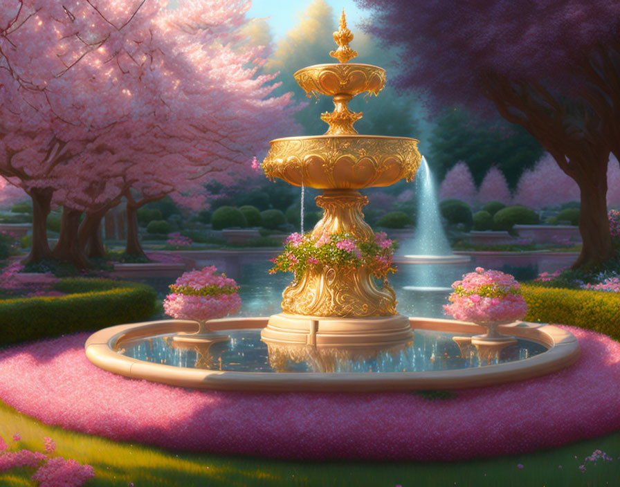 Golden fountain in serene pond with pink cherry blossoms under soft light