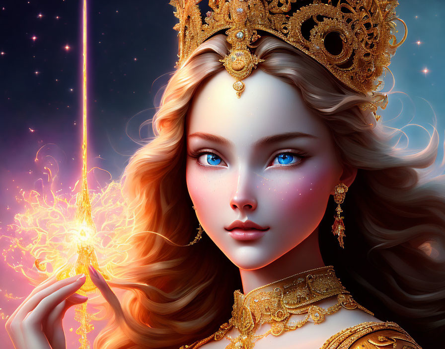 Digital artwork: Woman with gold accessories holding magical object in starry setting