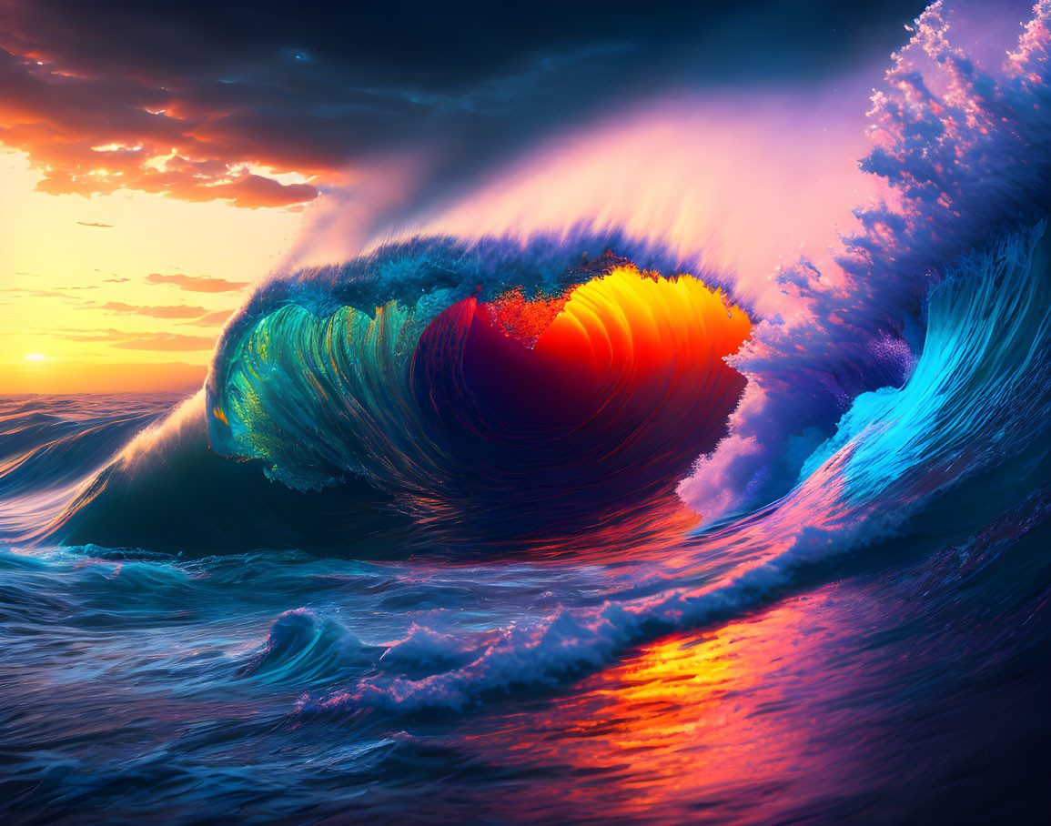 Colorful sunset wave with dark clouds: Digital art.