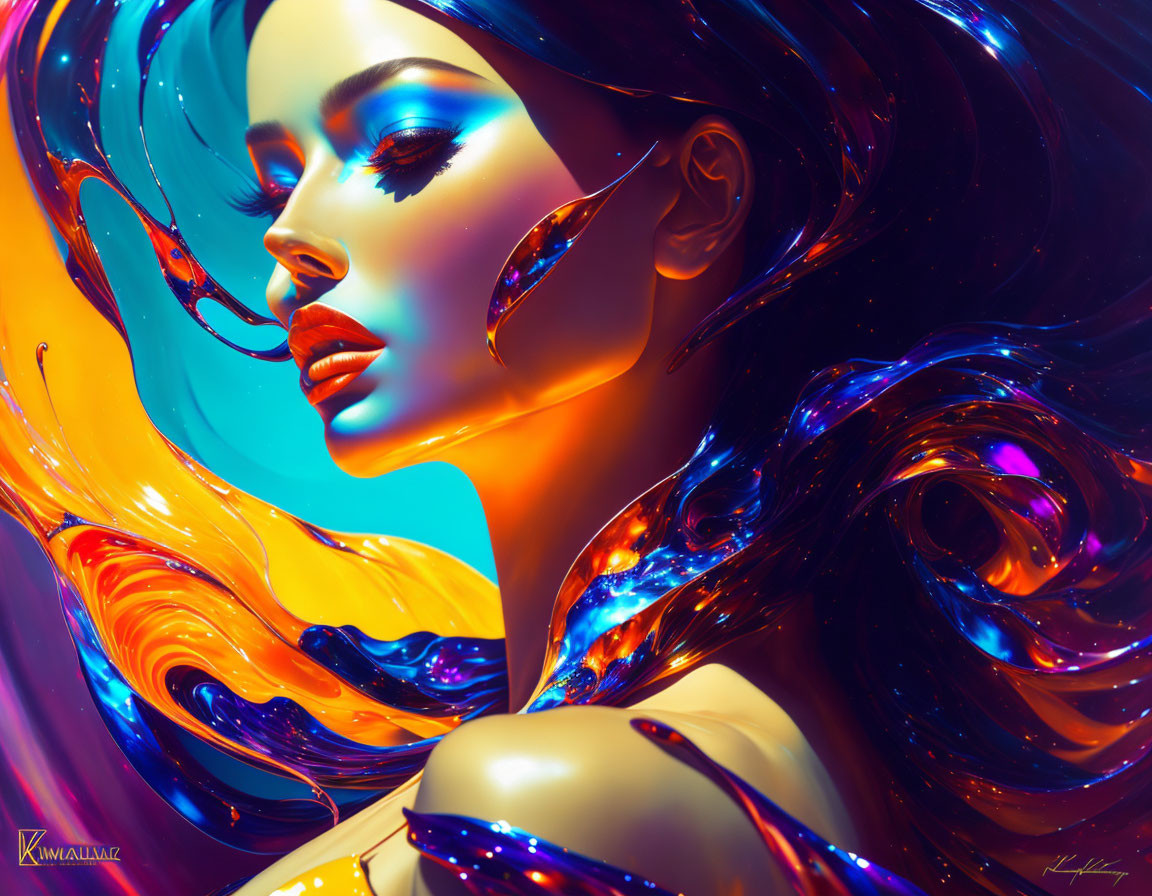 Colorful digital artwork: Stylized woman with vibrant hair and glossy skin