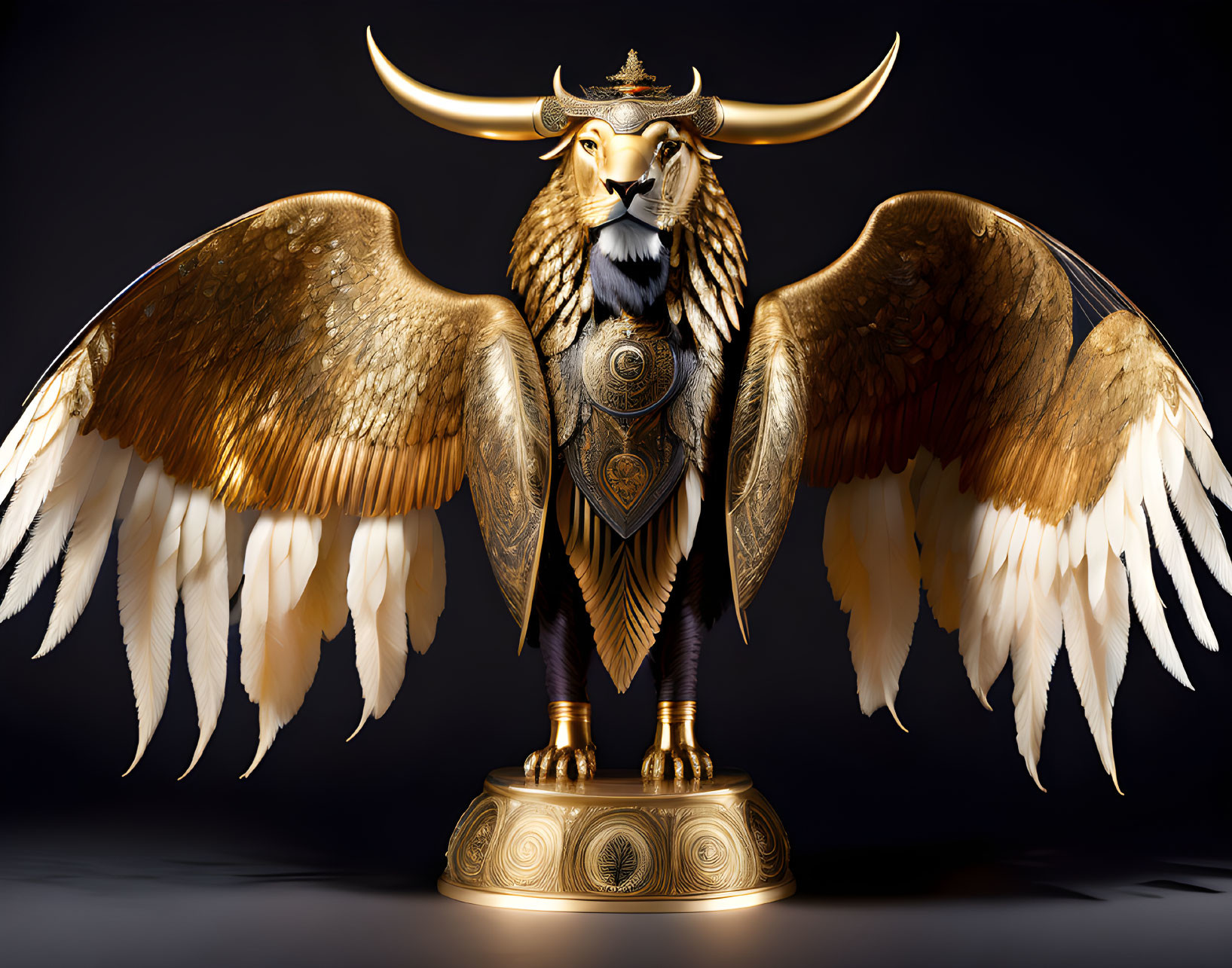 Mythological creature with lion head, eagle wings, and bull horns on pedestal