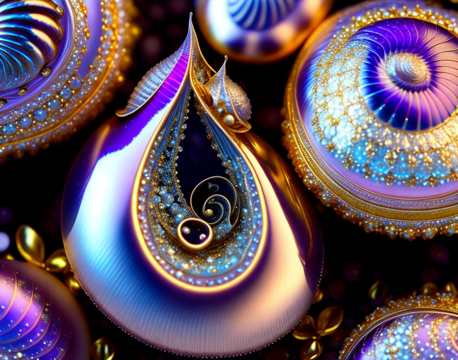 Colorful fractal art: iridescent spiral shells with intricate patterns and golden accents on dark backdrop