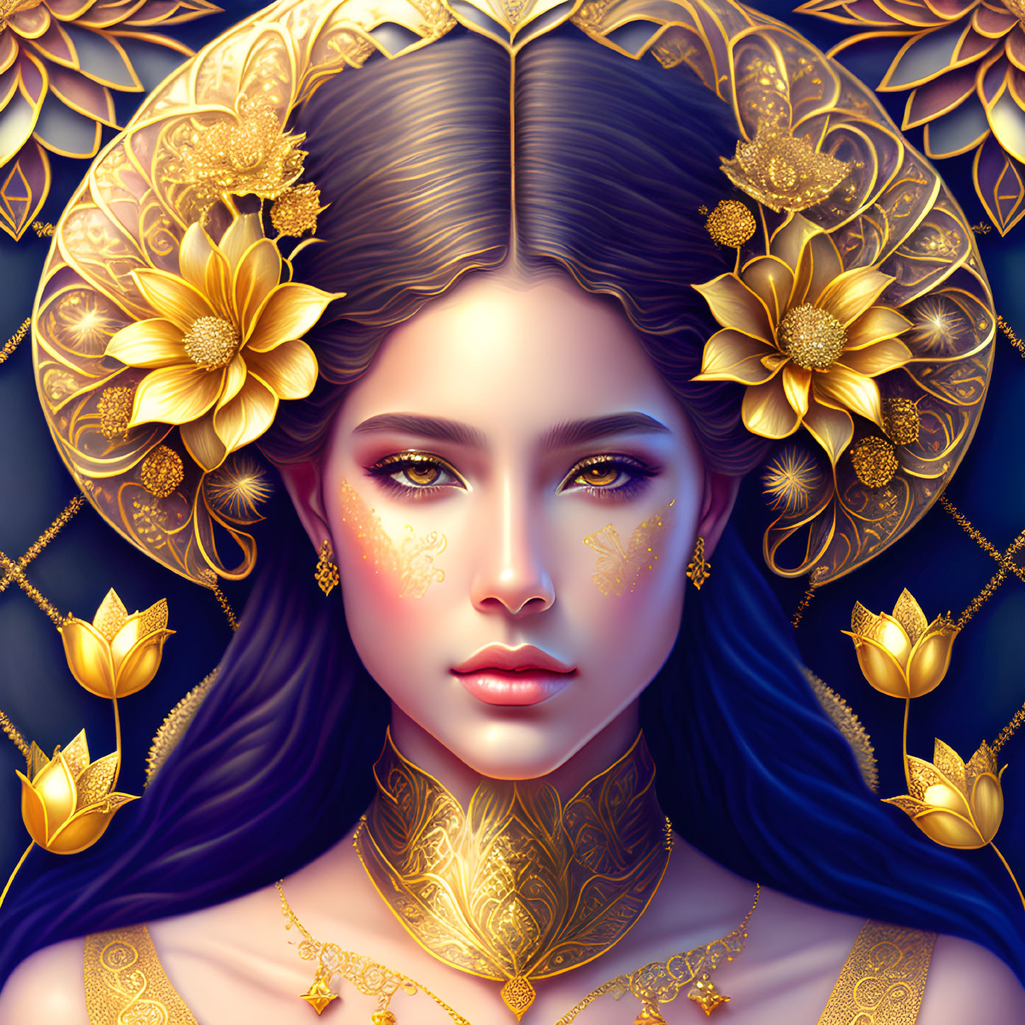 Detailed illustration of woman with gold jewelry & floral patterns on blue background