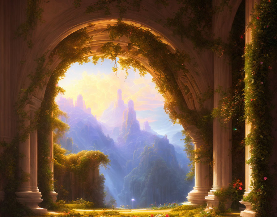 Ivy-adorned archway in mystical landscape with rock formations