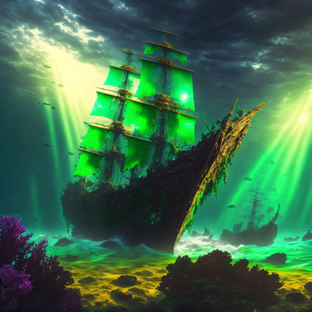 Colorful Underwater Scene: Sunken Ship, Green Light Rays, Marine Flora, Coral Reef