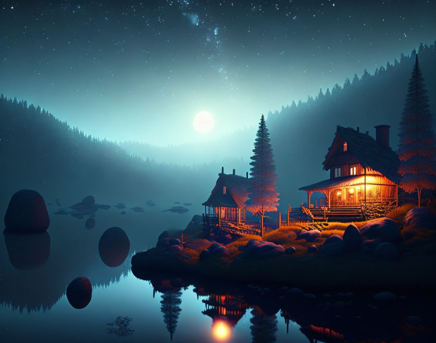 Tranquil night scene: Cozy cabin by serene lake under starry sky