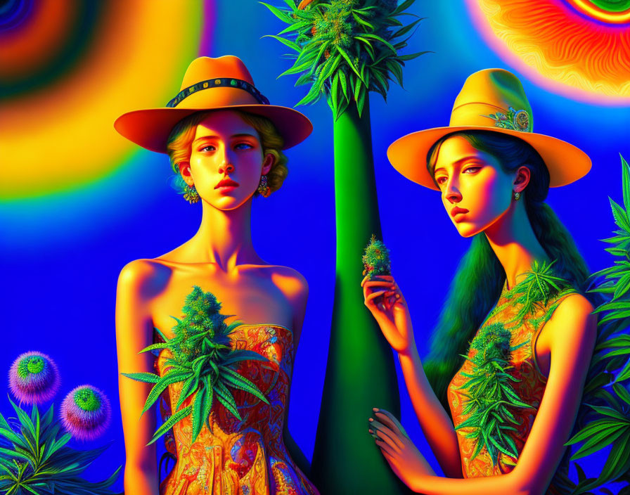 Stylized women with hats in vibrant tropical setting