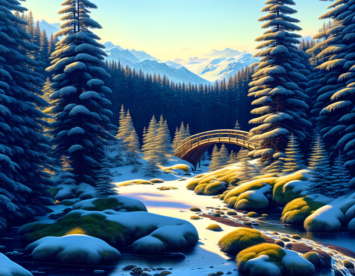 Snow-covered trees, stream, bridge, mountains in serene winter twilight