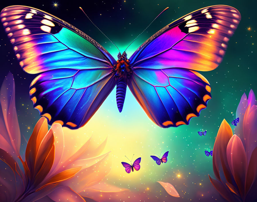 Colorful digital artwork featuring blue and orange butterfly with glowing flowers