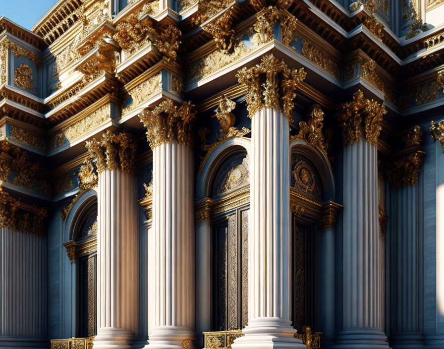 Corinthian columns and gold details on building facade