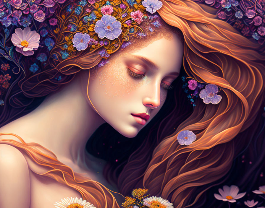 Digital art portrait: Woman with red hair and flowers, eyes closed, serene expression, floral backdrop